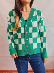 Checkered Open Front Button Up Cardigan - Trendsi