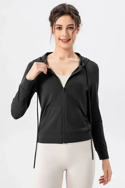 Drawstring Zip Up Hooded Active Outerwear - Trendsi - Flyclothing LLC