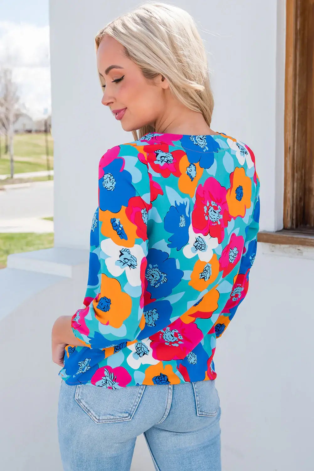 Floral V-Neck Three-Quarter Sleeve Top - Trendsi - Flyclothing LLC