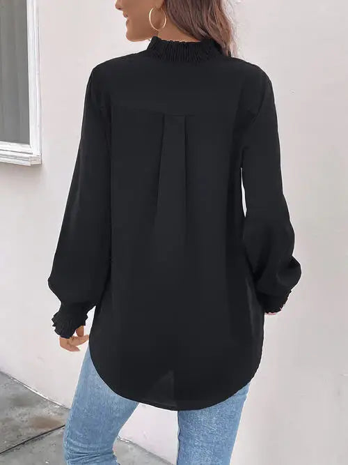 Smocked Notched Long Sleeve Blouse - Trendsi - Flyclothing LLC