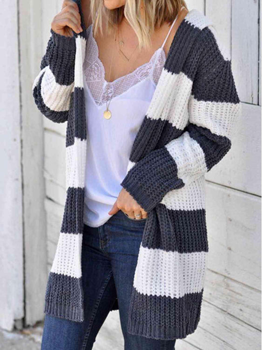 Striped Open Front Hooded Cardigan - Flyclothing LLC