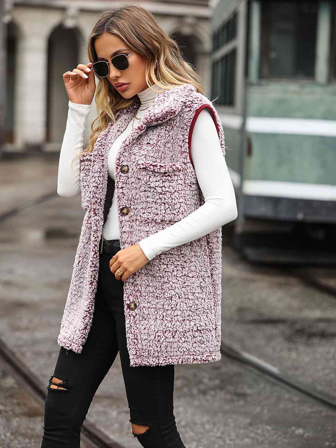 Full Size Button Down Collared Neck Vest - Trendsi - Flyclothing LLC