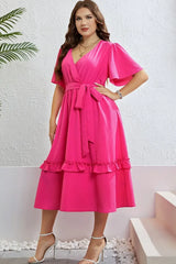 Belted Frill Trim Flutter Sleeve Dress - Trendsi - Flyclothing LLC