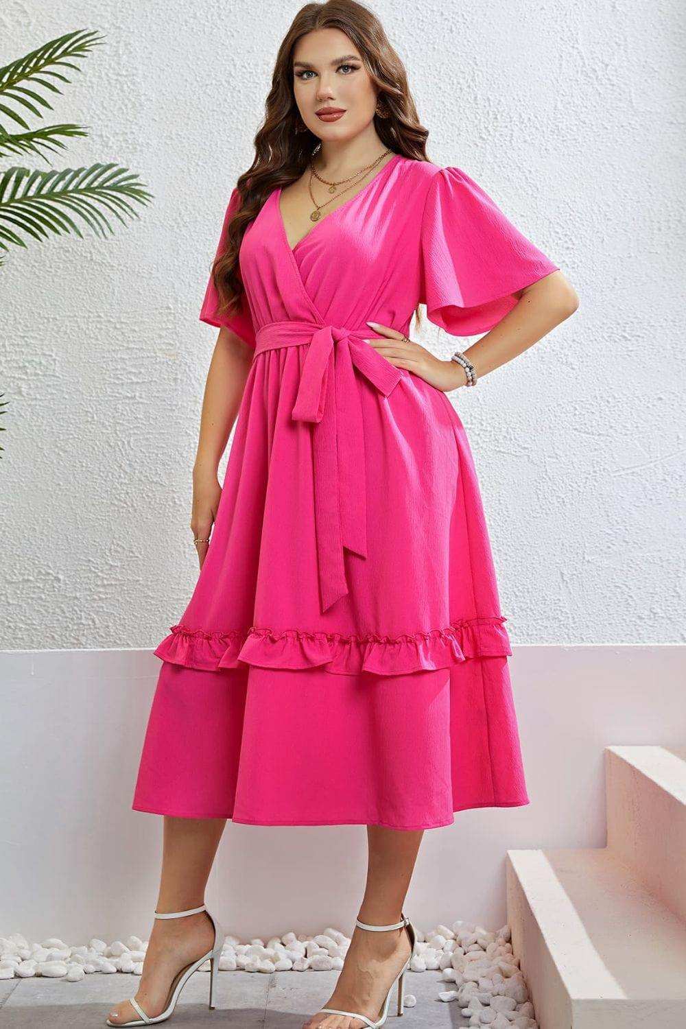 Belted Frill Trim Flutter Sleeve Dress - Trendsi - Flyclothing LLC