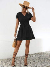 Ruffled Smocked V-Neck Tiered Dress - Trendsi - Flyclothing LLC