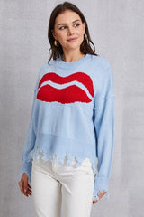 Lip Fringe Round Neck Sweater - Trendsi