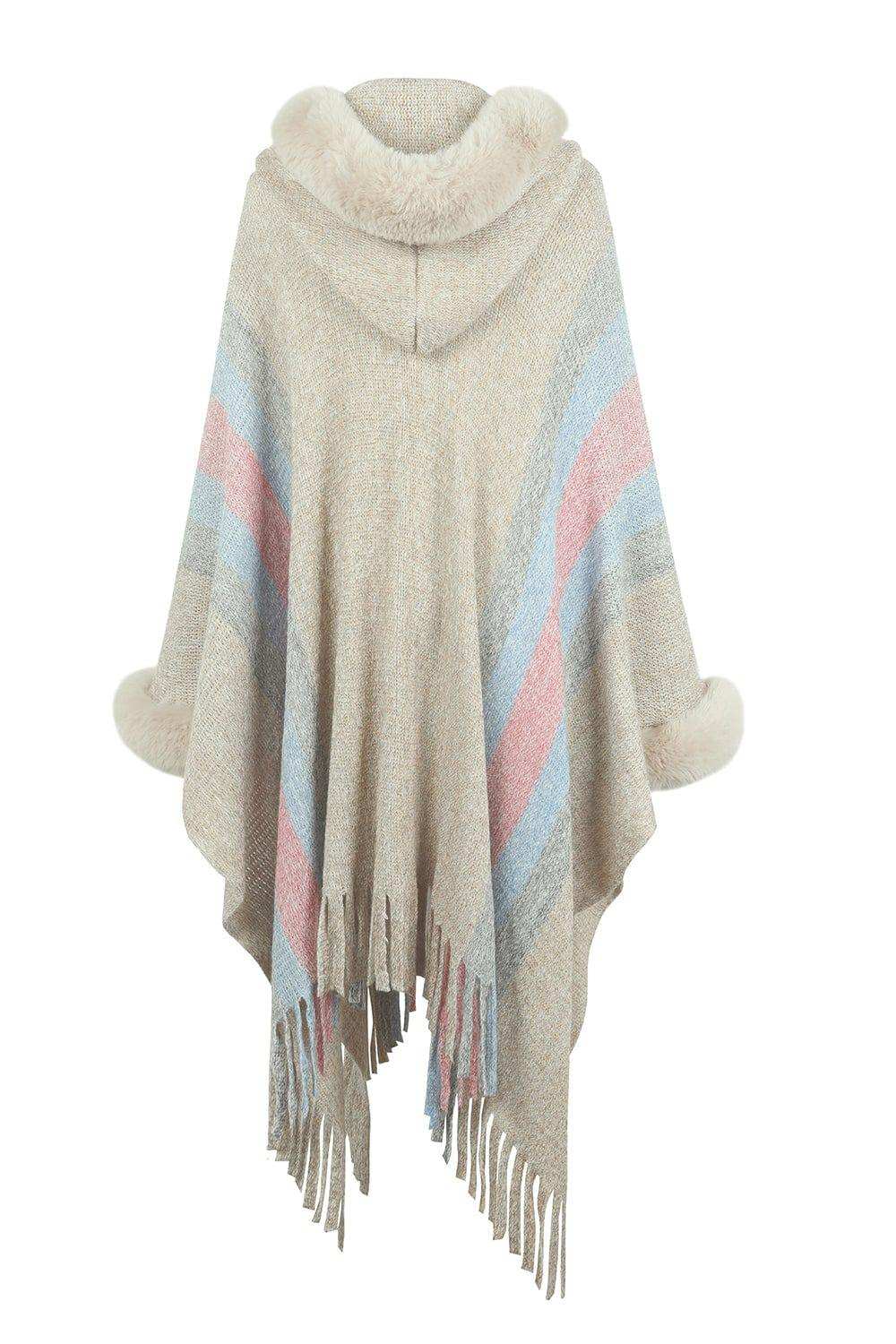 Color Block Fringe Detail Poncho - Trendsi - Flyclothing LLC
