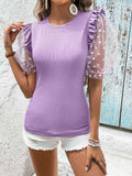 Polka Dot Flounce Sleeve Round Neck Top - Trendsi - Flyclothing LLC