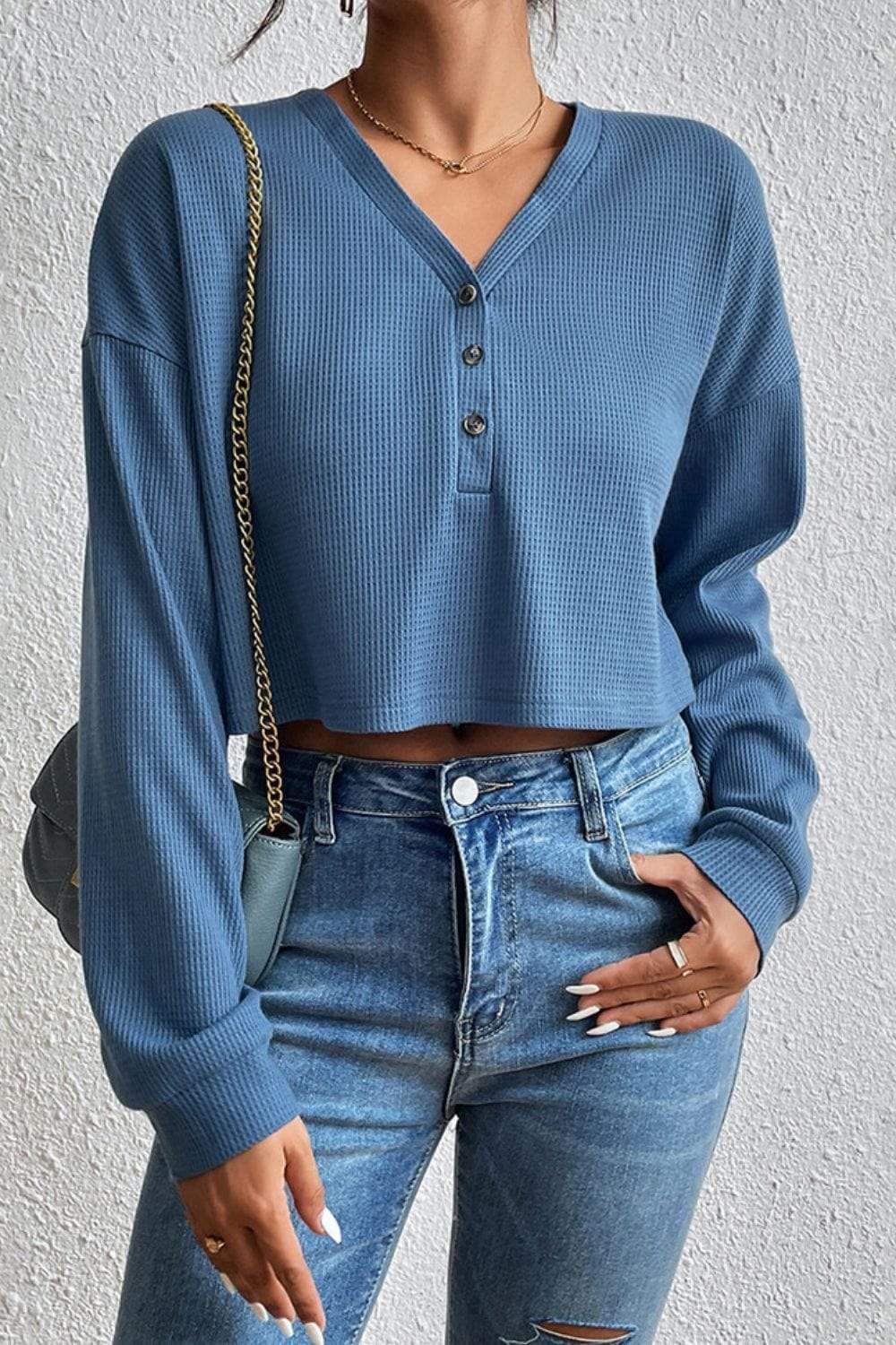 Cropped V-Neck Raglan Sleeve Buttoned Blouse - Trendsi - Flyclothing LLC