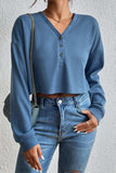 Cropped V-Neck Raglan Sleeve Buttoned Blouse - Trendsi - Flyclothing LLC