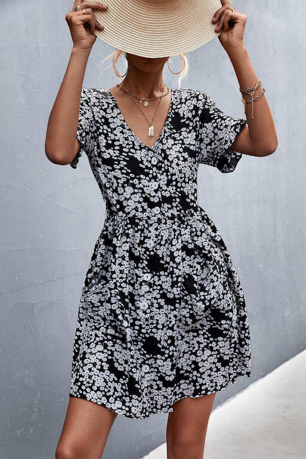 Printed Button down Pocketed Dress - Trendsi - Flyclothing LLC