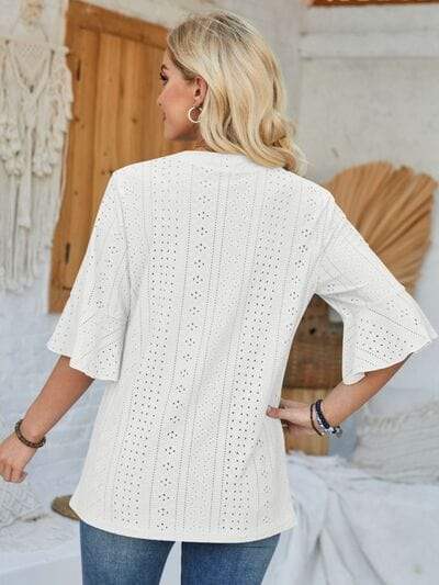 Eyelet Notched Half Sleeve T-Shirt - Trendsi - Flyclothing LLC