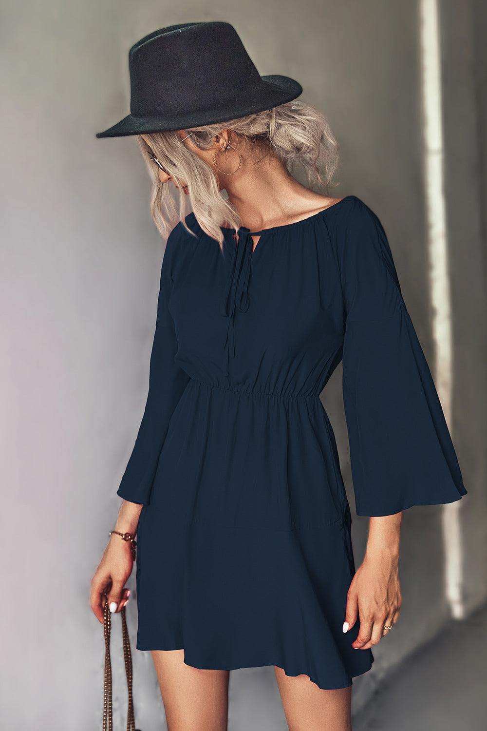 Tie Neck Flare Sleeve Mini Dress - Trendsi - Flyclothing LLC