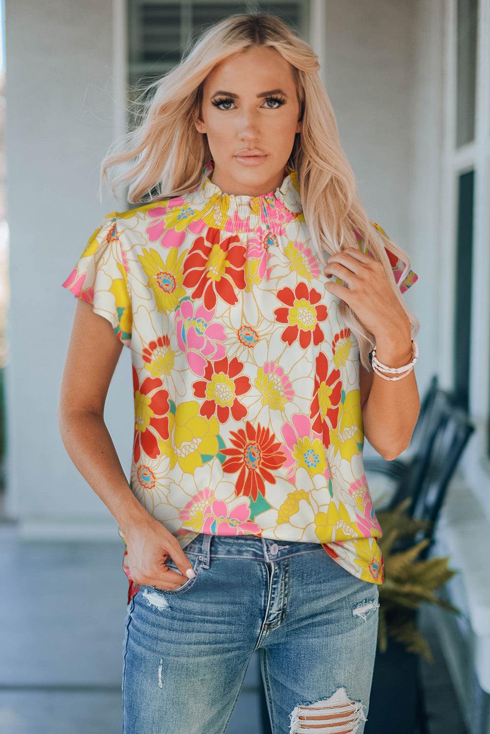 Floral Frill Neck Smocked Flutter Sleeve Blouse - Trendsi