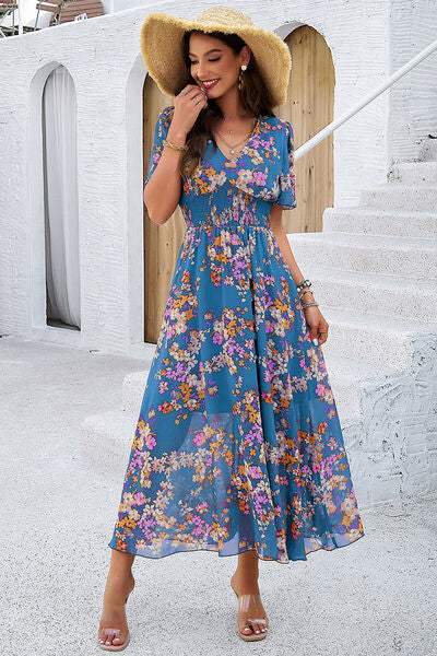 Smocked Floral V-Neck Short Sleeve Dress - Trendsi - Flyclothing LLC