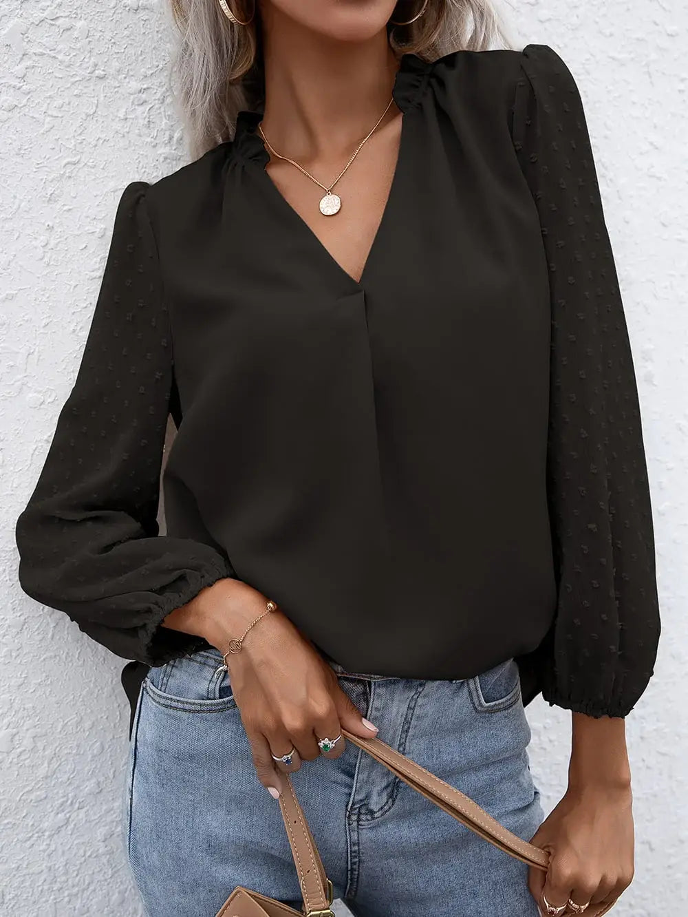Swiss Dot Frill Trim Puff Sleeve Blouse - Trendsi - Flyclothing LLC