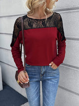 Lace Long Sleeve Round Neck Tee - Trendsi - Flyclothing LLC