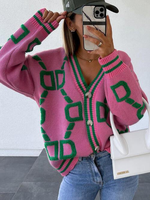 Geometric Dropped Shoulder Button Down Cardigan - Trendsi