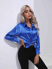 Collared Neck Buttoned Long Sleeve Shirt - Trendsi