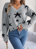 Star Pattern Distressed V-Neck Cropped Sweater - Trendsi - Flyclothing LLC