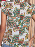 Printed Butterfly Sleeve Keyhole Blouse - Trendsi