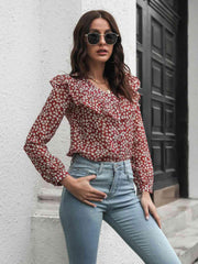 Printed Statement Collar Long Sleeve Blouse - Trendsi