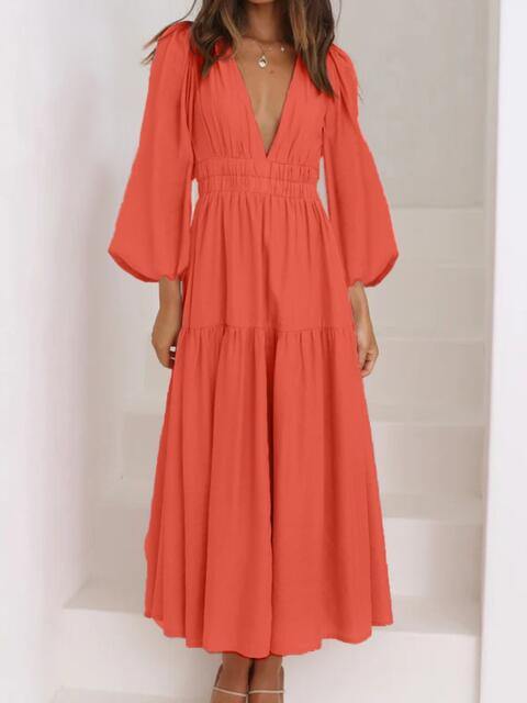 Deep V-Neck Balloon Sleeve Plain Maxi Dress - Trendsi