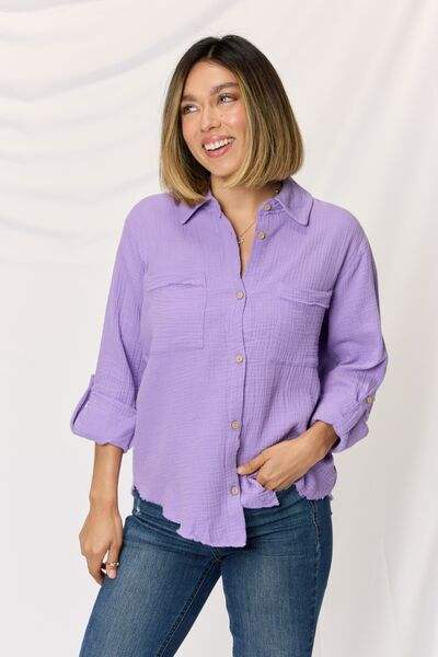 Zenana Texture Button Up Raw Hem Long Sleeve Shirt - Trendsi - Flyclothing LLC