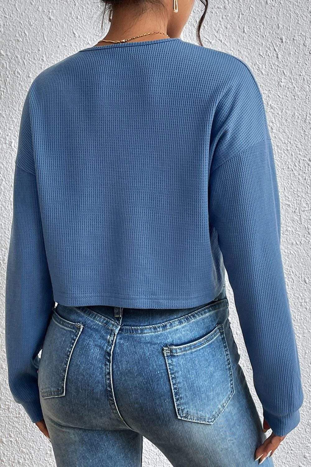 Cropped V-Neck Raglan Sleeve Buttoned Blouse - Trendsi - Flyclothing LLC