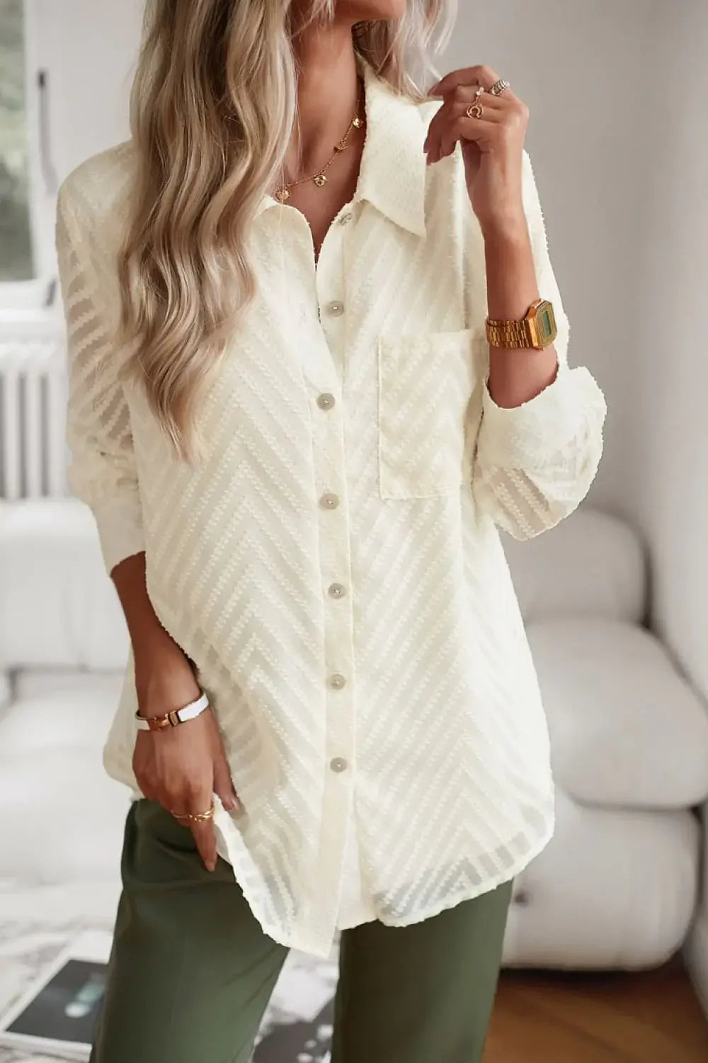 Collared Neck Long Sleeve Pocketed Shirt - Trendsi - Flyclothing LLC