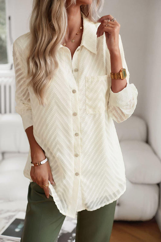 Collared Neck Long Sleeve Pocketed Shirt - Trendsi