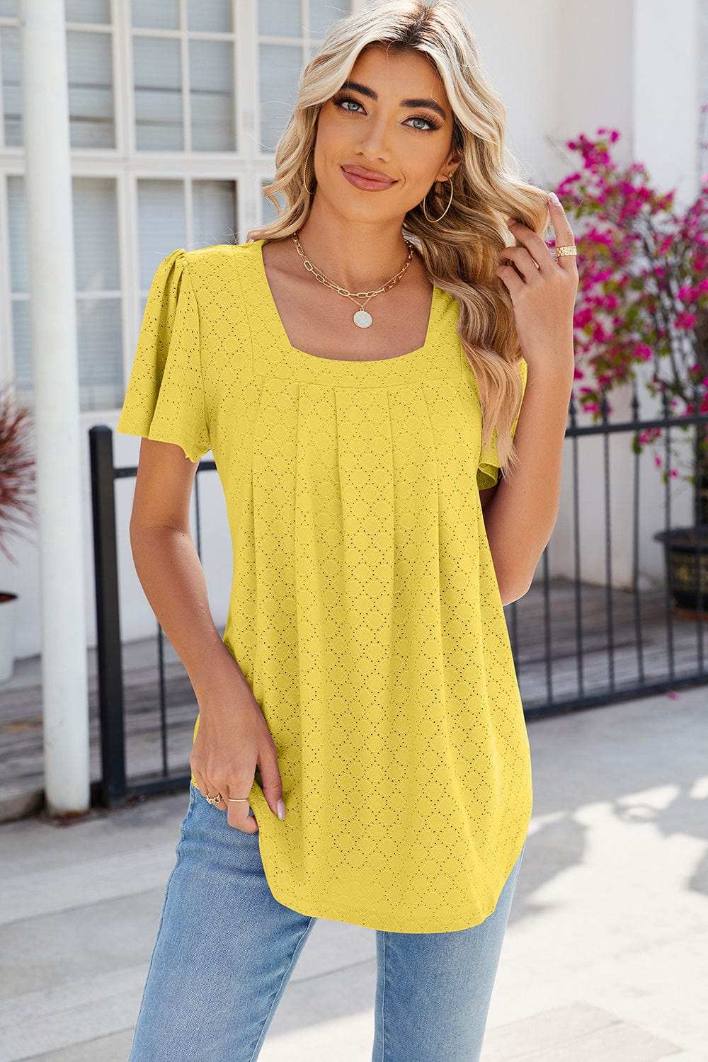 Eyelet Square Neck Flutter Sleeve Blouse - Trendsi - Flyclothing LLC
