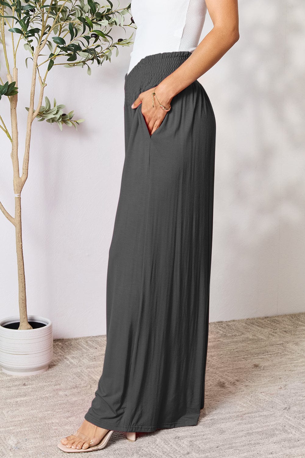 Double Take Full Size Smocked Wide Waistband Wide Leg Pants - Trendsi