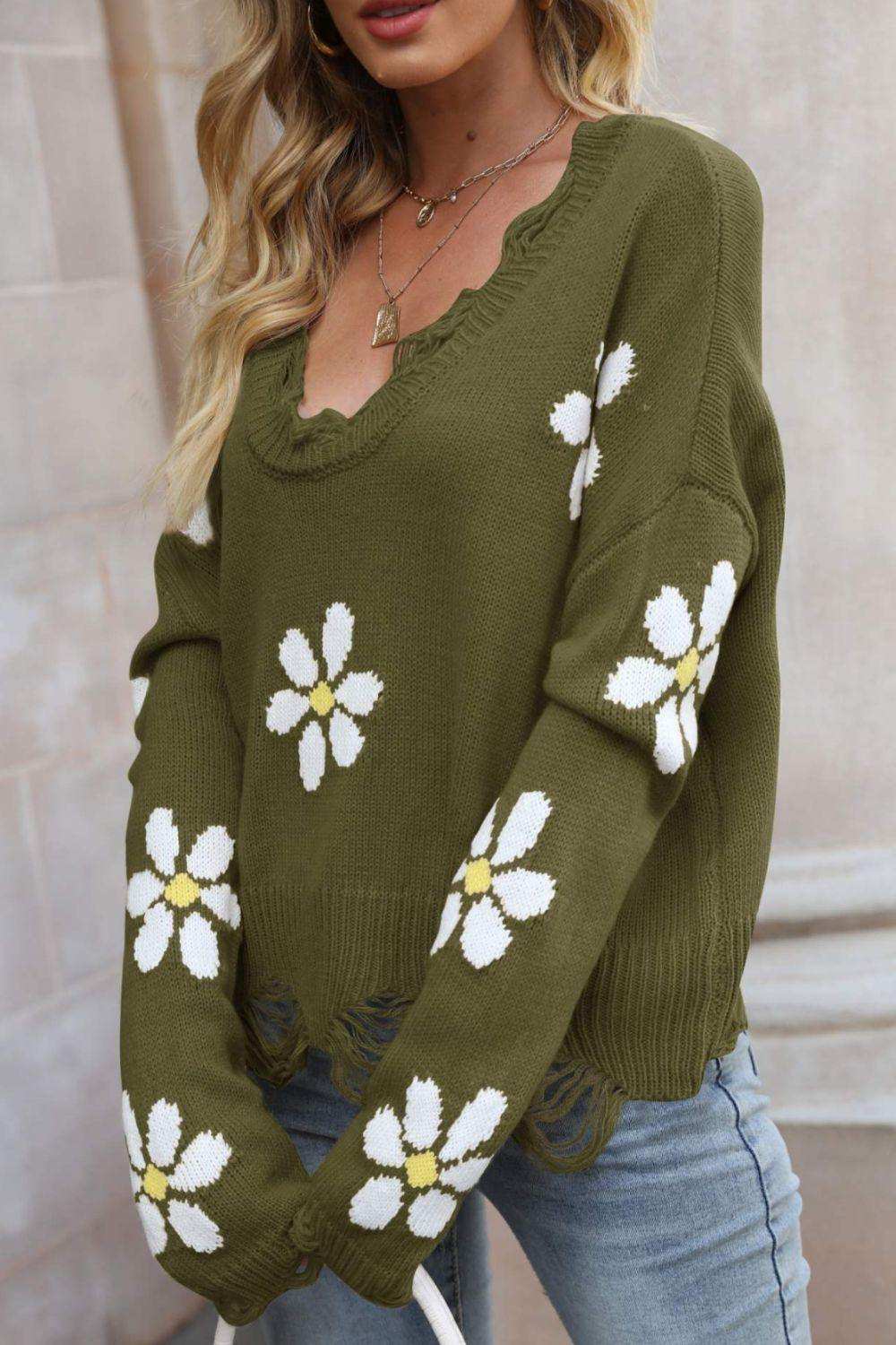 Flower Distressed Ribbed Trim Sweater - Trendsi - Flyclothing LLC