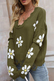 Flower Distressed Ribbed Trim Sweater - Trendsi - Flyclothing LLC