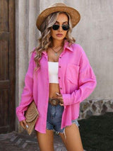 Textured Pocketed Button Up Dropped Shoulder Shirt - Trendsi - Flyclothing LLC
