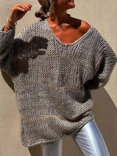 Openwork V-Neck Long Sleeve Sweater - Trendsi - Flyclothing LLC