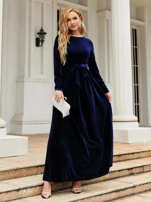 Tie Front Round Neck Long Sleeve Maxi Dress - Trendsi - Flyclothing LLC