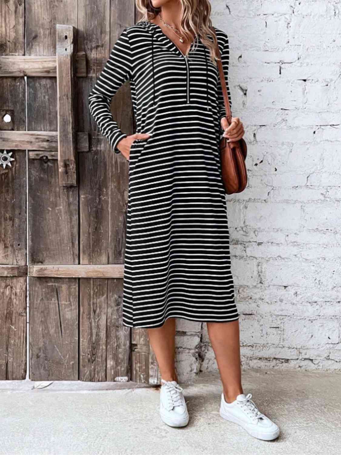 Striped Zip Front Hooded Dress - Trendsi - Flyclothing LLC