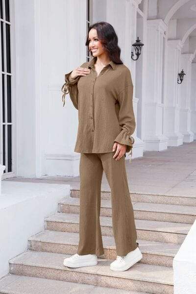 Drawstring Flounce Sleeve Shirt and Pants Set - Trendsi - Flyclothing LLC