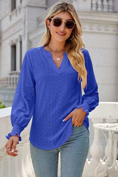 Eyelet Notched Lantern Sleeve T-Shirt - Trendsi - Flyclothing LLC