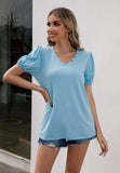 V-Neck Decorative Buttons Puff Sleeve Tee - Trendsi - Flyclothing LLC