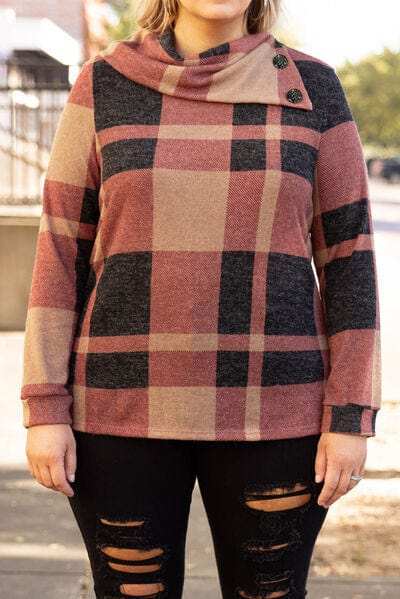 Plus Size Plaid Cowl Neck Long Sleeve Sweatshirt - Trendsi - Flyclothing LLC