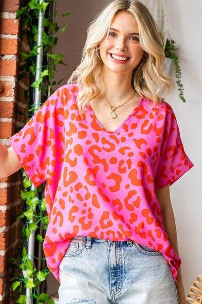 First Love Leopard V-Neck Short Sleeve Woven Top - Trendsi - Flyclothing LLC