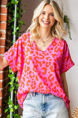 First Love Leopard V-Neck Short Sleeve Woven Top - Trendsi - Flyclothing LLC