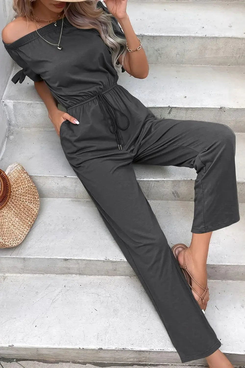 Off-Shoulder Tie Cuff Jumpsuit with Pockets - Trendsi - Flyclothing LLC