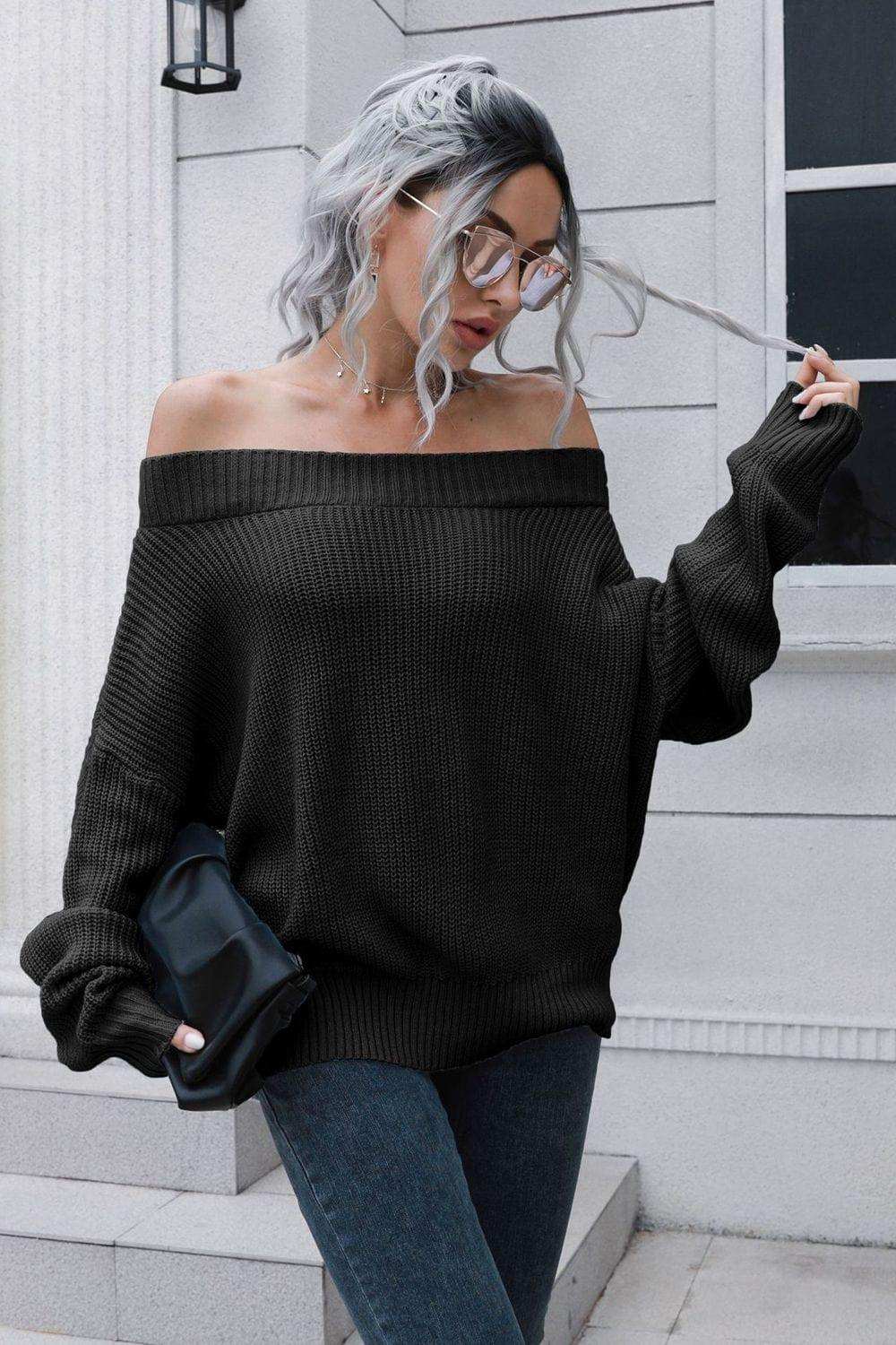 Off-Shoulder Ribbed Long Sleeve Pullover Sweater - Trendsi - Flyclothing LLC