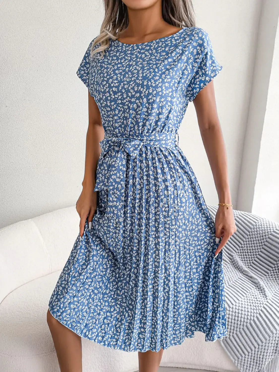 Ditsy Floral Pleated Belted Dress - Trendsi - Flyclothing LLC