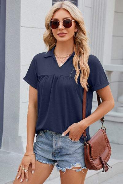 Ruched Johnny Collar Short Sleeve Blouse - Trendsi - Flyclothing LLC
