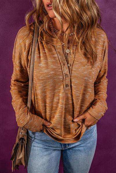 Half Button Dropped Shoulder Long Sleeve T-Shirt - Trendsi - Flyclothing LLC